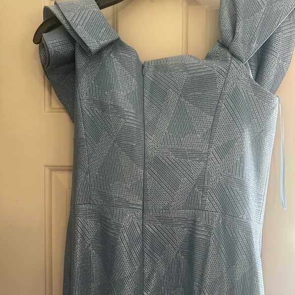 Teri Jon by Rickie Freeman Double Layer Ruffle Metallic blue Jacquard Gown  12 - Picture 4 of 9